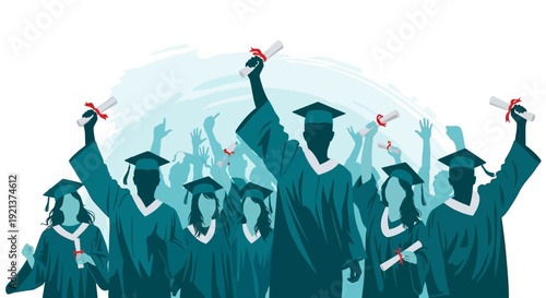 Graduation Celebration: Diverse Students Cheer with Diplomas, Symbolizing Achievement and Future