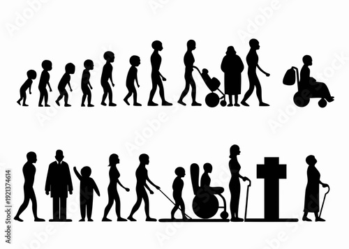 Silhouette illustration depicting the stages of human life and decline