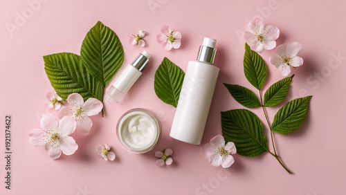 flat lay composition of white cosmetic products with green leaves and flowers on a pink background. top view, with copy space. concept for beauty industry design template.

