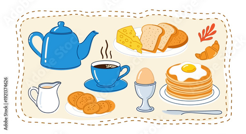Whimsical Cartoon Breakfast Spread: A Delightful Array of Morning Foods and Drinks