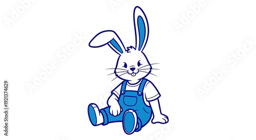 Cute Cartoon Rabbit Character Sitting in Blue Overalls and White T-shirt, Vector Illustration
