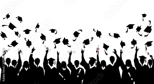 Diverse group of graduates celebrating and throwing caps in the air with diplomas