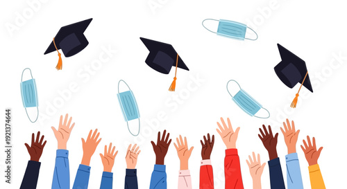 Graduation caps and masks tossed in air by diverse hands celebrating achievement