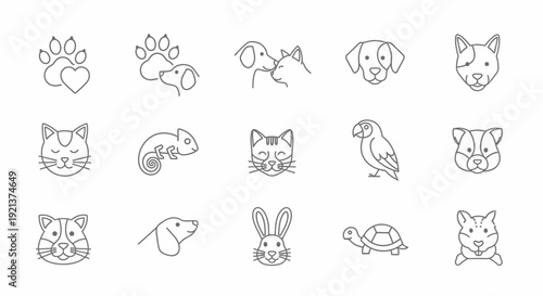 Collection of Cute Pet Animal Icons in Outline Style for Veterinary or Pet Shop