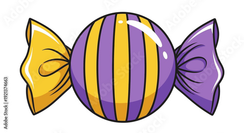 Striped Round Candy Wrapped in Yellow and Purple Foil, Isolated on White Background