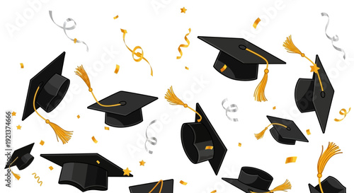 Graduation Caps Falling with Confetti and Streamers - Celebration Concept