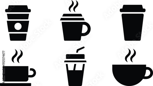Collection of six flat black silhouette icons representing hot beverages and cold drinks on a white background
