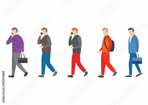 A row of stylized figures walking while talking on mobile phones