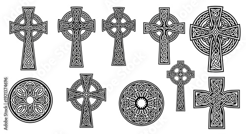 Collection of Celtic Crosses and Ornaments with Intricate Knotwork Patterns