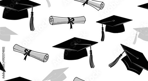 Seamless Pattern of Graduation Caps and Scrolls, Symbolizing Academic Achievement and Education