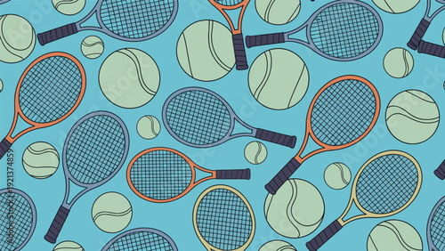 Seamless pattern background featuring various tennis rackets and balls in shades of green and blue for sports themes and textile designs.