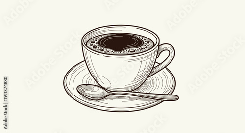 Hand-drawn Coffee Cup with Saucer and Spoon Vector Illustration