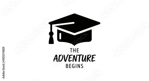 Graduation Cap and Text 'The Adventure Begins' Minimalist Vector Icon for Education Concepts
