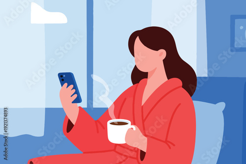 Person in red robe holding smartphone and hot drink, cozy cartoon illustration of indoor setting with window, light blue curtains, and daytime sky view.