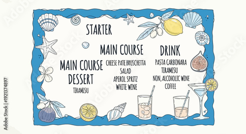 Charming Coastal Menu Design with Summer Food, Drinks, and Beach Elements