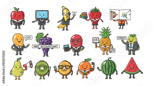 Fruitful Workforce: A whimsical assembly of anthropomorphic fruits, each in professional attire, showcasing a creative blend of business and nature
