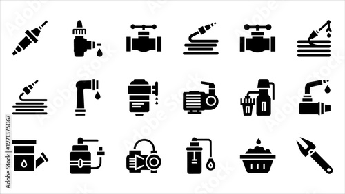 Collection of industrial tools and equipment graphics in black and white vector format