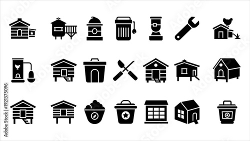 Collection of black icons representing various buildings and tools on a white background, showcasing different structures and equipment
