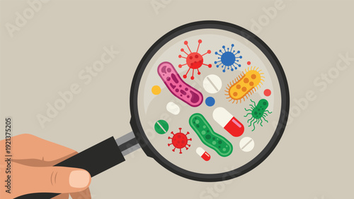 Hand holding a magnifying glass to reveal various colorful bacteria, viruses, and pills representing medical research and hygiene concepts.