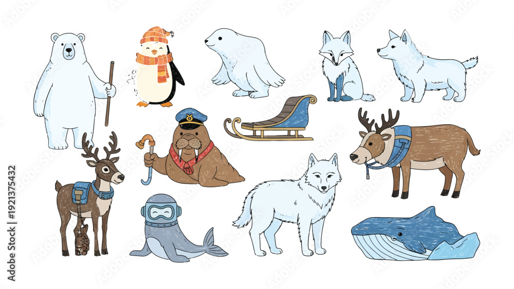 Fototapeta premium Arctic Animals Illustration: An endearing ensemble of arctic creatures, from polar bears to penguins, gather in a charming illustration, ready to bring warmth and wonder.