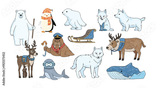 Arctic Animals Illustration: An endearing ensemble of arctic creatures, from polar bears to penguins, gather in a charming illustration, ready to bring warmth and wonder.