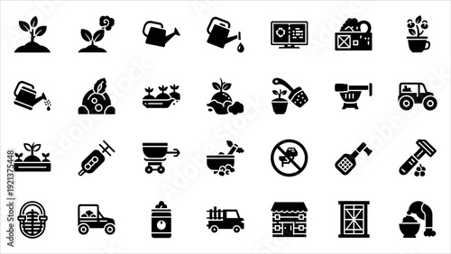 Collection of various black and white icons representing different gardening and construction tools and equipment on a neutral background from a straightforward viewpoint.