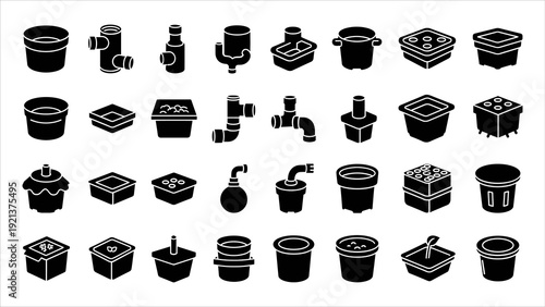 Collection of industrial icons featuring plumbing and machinery elements in a grid layout, showcasing various pipes, faucets, and containers