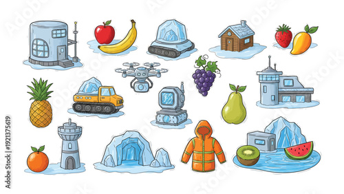 Array of Ice and Fruit: A collection of illustrations, blending the refreshing essence of fruits and the cold ambiance of ice structures