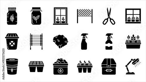 Collection of black icons representing various gardening tools and supplies displayed on a clean white background