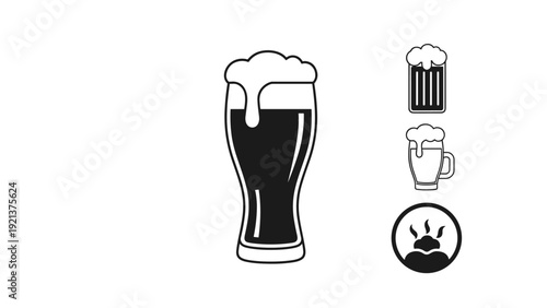 Collection of black and white beer glass icons and a steaming food bowl icon for restaurant menus or brewery branding elements.
