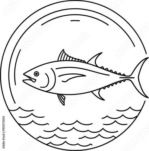 Tuna fish line art icon in circular frame with ocean waves. world tuna day