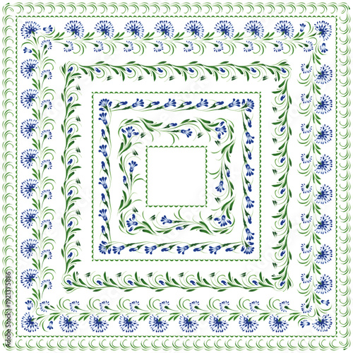 Vector floral seamless border patterns from hand painted blue carnation flowers. 6 pattern brushes in the brush palette