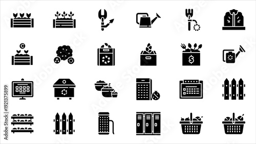 Collection of various black icons representing different industries and activities displayed on a clean white background with 92.eps style graphics