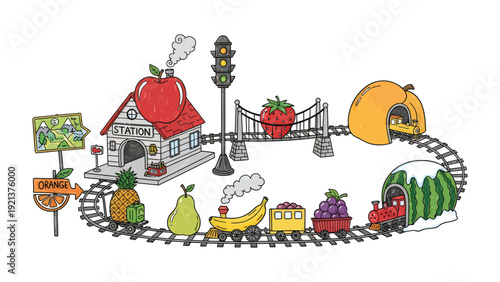 Fruit Train Adventure: A whimsical illustration of a fruit-themed train journeying through a playful, colorful landscape. Featuring train cars shaped like various fruits.