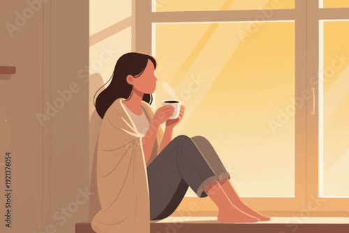 Person wrapped in blanket sitting on windowsill holding cup, cozy cartoon illustration of warm sunlight through window, peaceful moment of solitude and reflection.