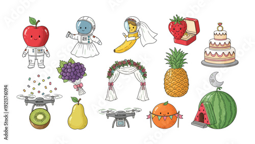 Whimsical Celebration of Love: A delightful collection of playful illustrations, featuring anthropomorphic fruits and celebratory elements.