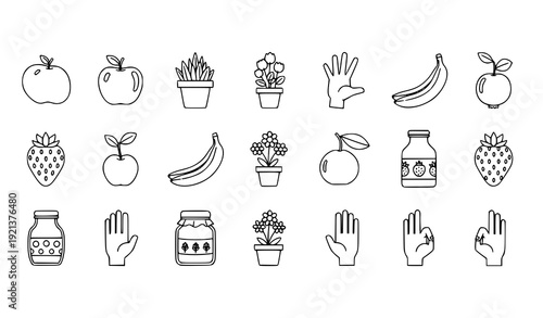 Hand-drawn doodle vector icons of fruits, flowers, plants, jars, and gestures in black-and-white