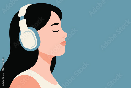 Person with long black hair wearing large white headphones, profile view with eyes closed, stylized cartoon illustration of calm atmosphere and music immersion on muted blue background.