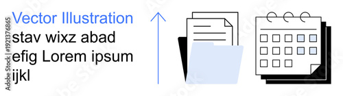 File organization, project planning, office tasks, data storage, calendar management, workflow design. Image of documents in a folder and a calendar symbol. File organization and project planning