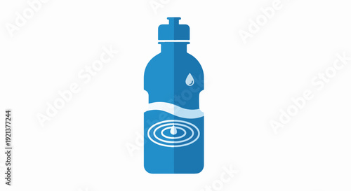 Blue plastic water bottle with a drop and ripples symbol on a white background representing hydration and refreshment
