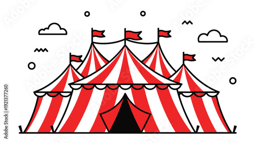 Red and white striped circus big top tents with flags and minimalist decorative elements on a white background.