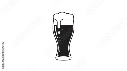 Illustration of a tall glass filled with dark stout beer or ale topped with a thick layer of white frothy foam.