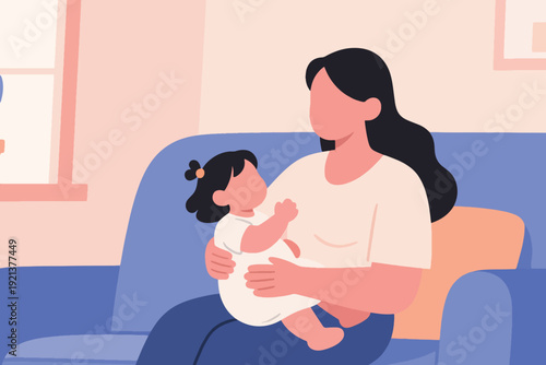 Woman with long dark hair holding child on blue couch, warm family illustration with sunlight, peach wall, and cozy atmosphere showing care, bonding, and nurturing love.