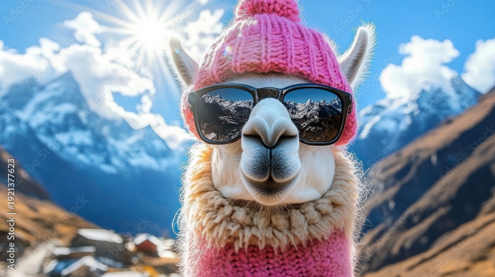 Naklejka premium cool llama wearing a pink knit hat and matching sweater with sunglasses reflecting snow-capped mountains in a sunny alpine valley, playful and confident expression