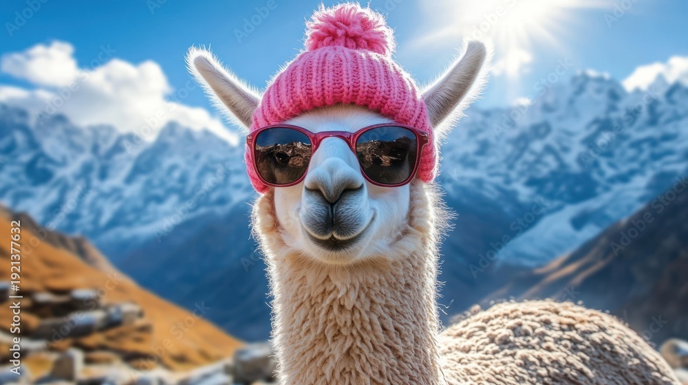Naklejka premium playful fluffy alpaca wearing a pink knit hat and sunglasses amid sunlit snowy mountains and rocky highland meadows