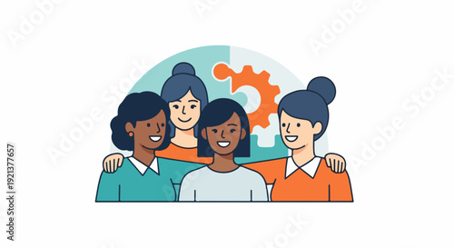 Diverse group of four friends with arms around each other in colorful illustration with gear symbol