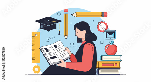 Young woman studying with books and stationery surrounded by education symbols in a calm and focused atmosphere with a graduation cap and apple nearby