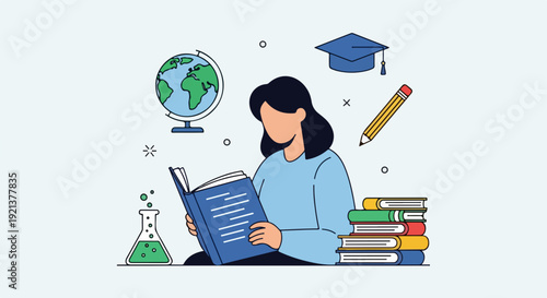 Young woman reading a book surrounded by educational symbols including globe beaker books pencil and graduation cap in a minimalist illustration