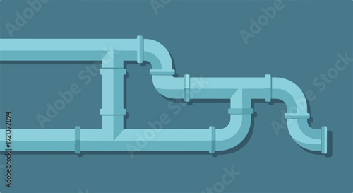 Plumbing system pipes connected in complex configuration with multiple joints and elbows on blue background