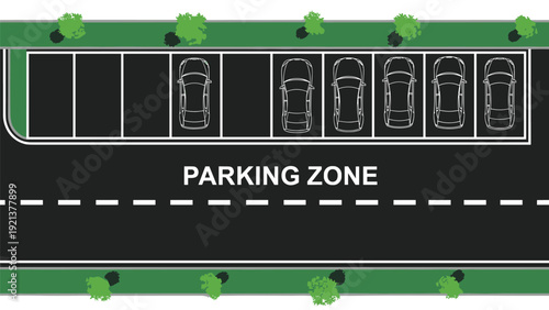Top down view of a designated parking zone with cars in slots along a road with green landscaping and trees.